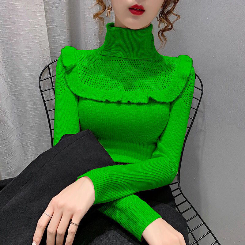 Ladies  Turtleneck Sweater  Auricular-Side Slim Knit Multi-Color Autumn And Winter Bottom Unlined 