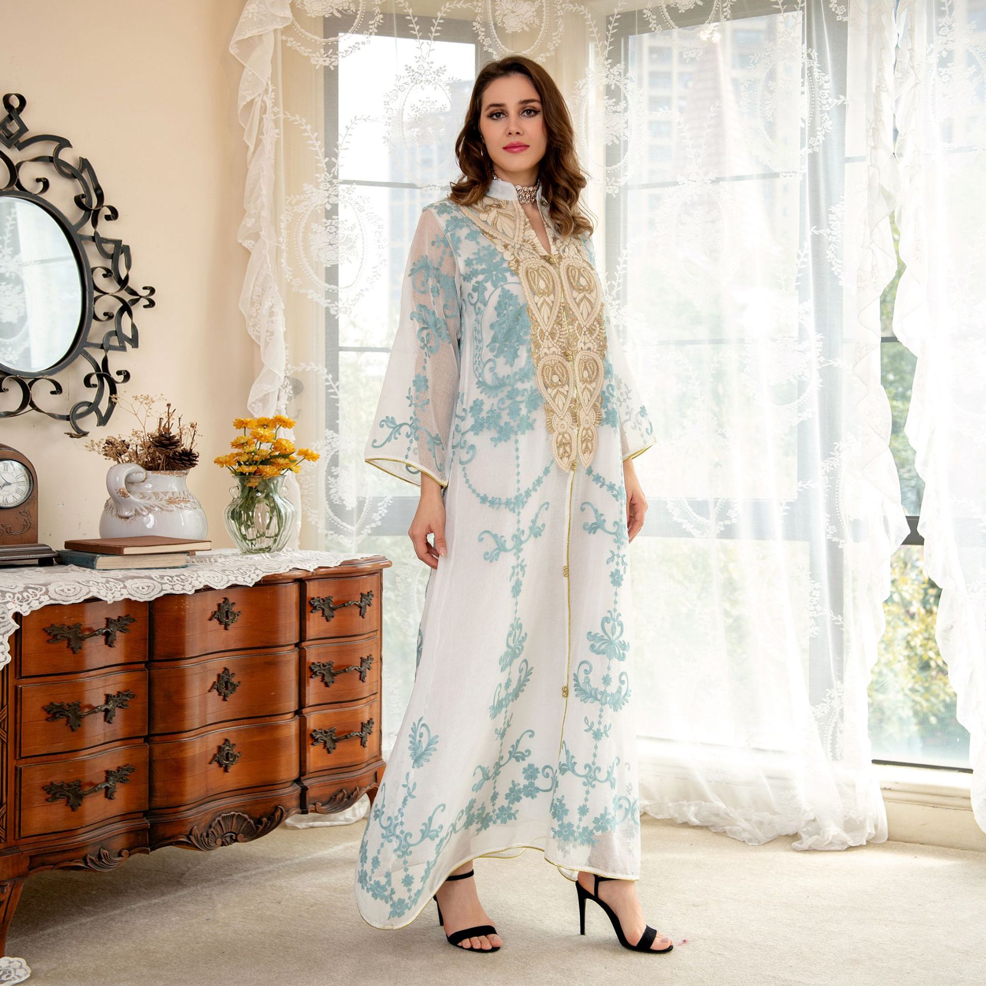 Tilapia Casual Summer White Abaya Embroidery Long Party  Dress Solid Dubai Muslim Ramadon Vestidos