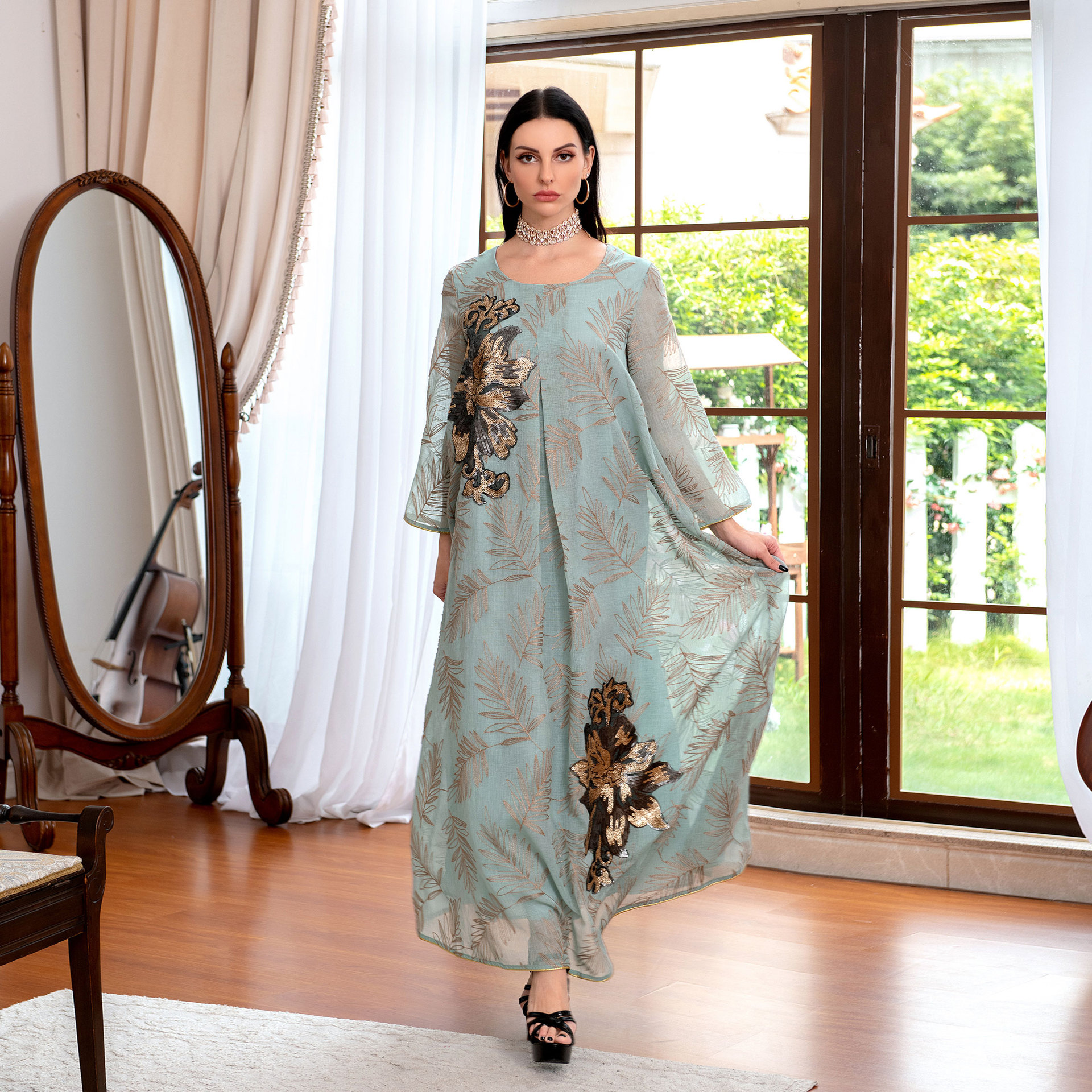 Tilapia Casual Loose Long Party Muslim  Dress Abaya Sequined Elegant Lady Dress  New