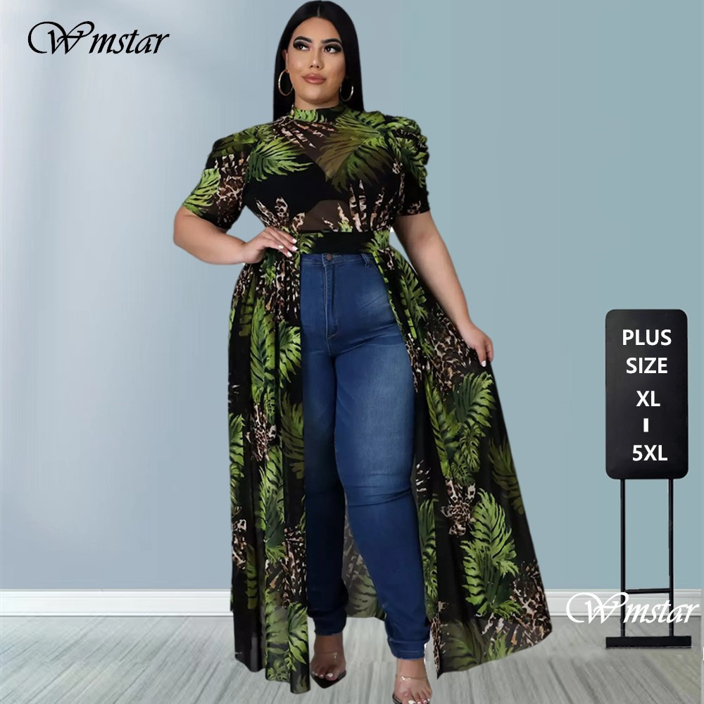 Wmstar Plus Size Plus Size T-Shirts Print Women Tops Puff Short Sleeve Mesh See Through Sexy Chiffon Bulk WholeDropshipping