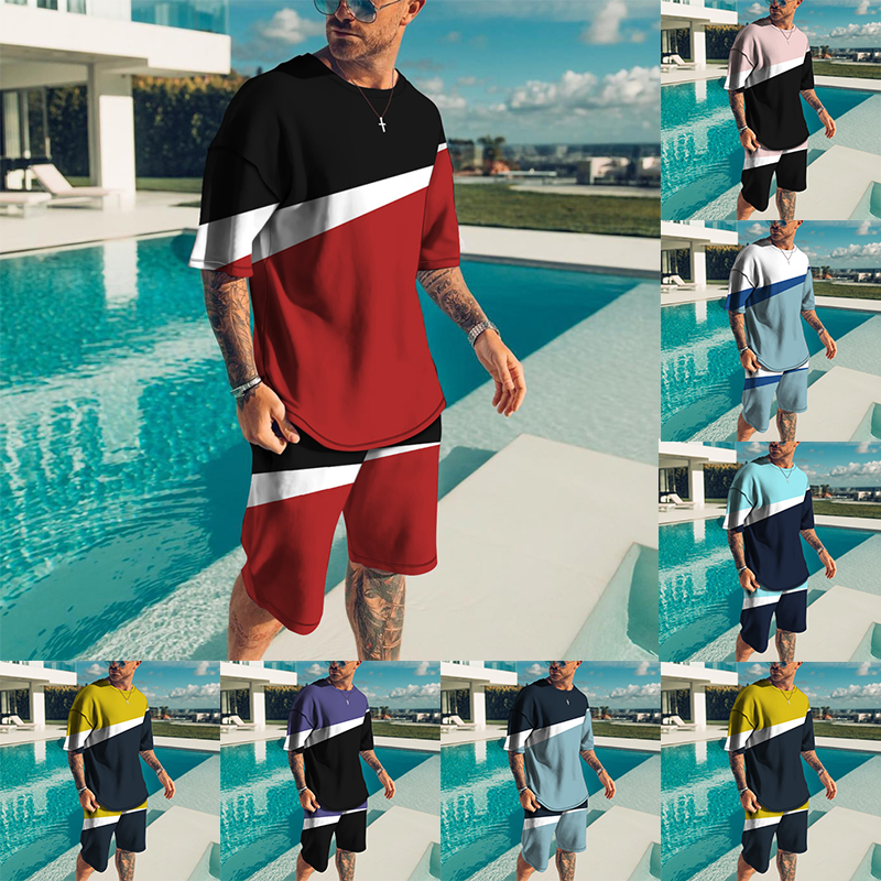 Silk Contrast Color Net Red Men's T-Shirt Suit With  Trend 3D Printing  Pattern Short-Sleeved Top  Tee
