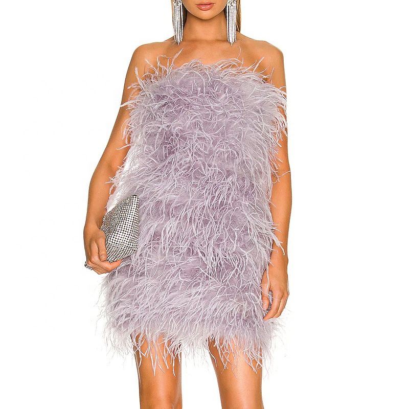 Elegant  Ostrich Feather Mini Cocktail Dresses  Sexy Strapless Short Prom Dress Wedding Birthday Party Gowns S4082