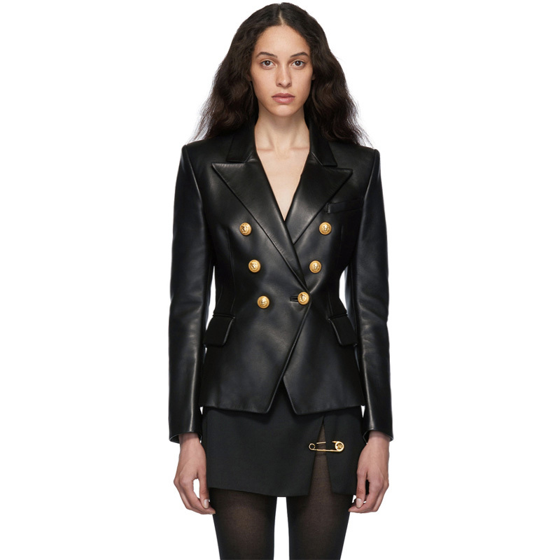 Real Leather Jacket Women Genuine Leather Blazer Outerwear Elegant Double Breasted Soft Black Sheppskin Coat Jaqueta Feminina