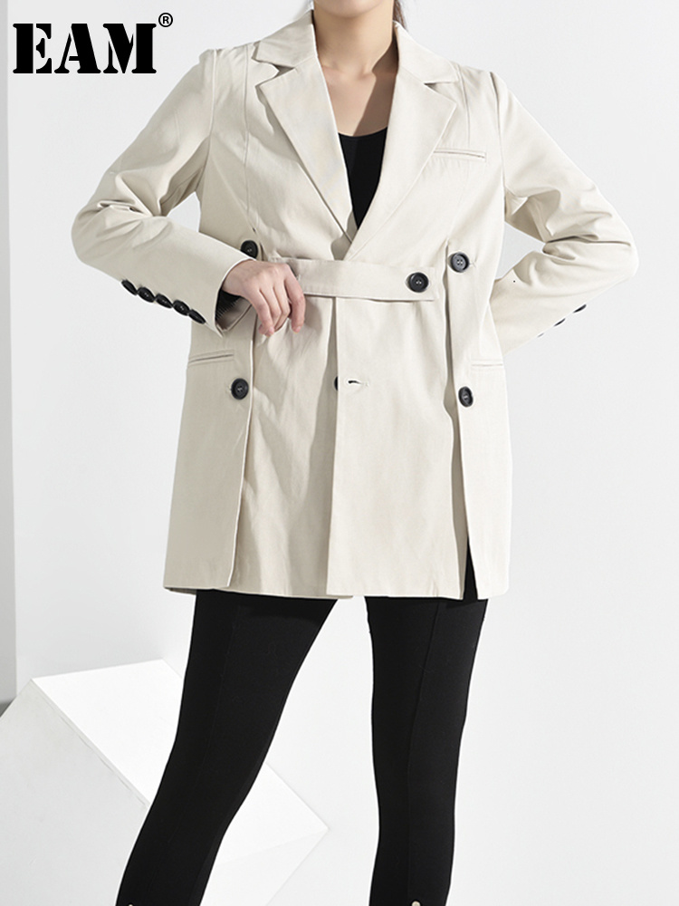 [EAM] Loose Fit Button Split Temperament Jacket Lapel Long Sleeve Women Coat  Tide Spring Autumn  JQ29000