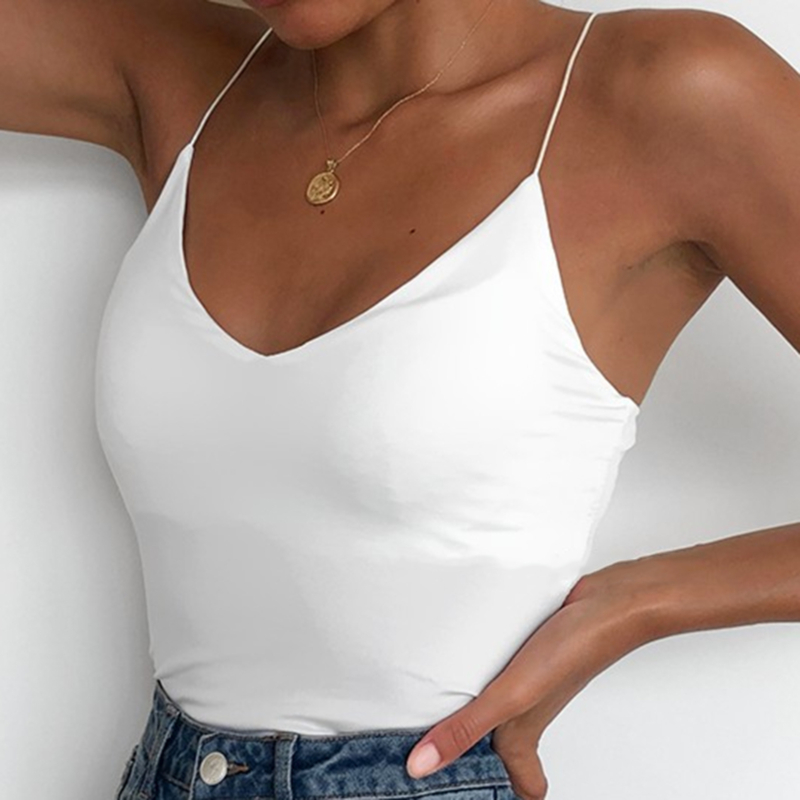 Spaghetti Strap Top V Neck Off Shoulder Sleeveless Solid Color Backless  Basic Tops Female Breathable  Camisole