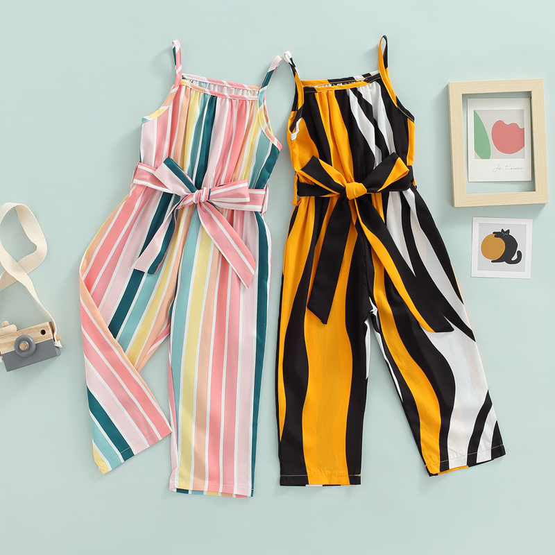 Girls Casual Bandage Sleeveless Suspender Jumpsuit Summer  Stripe Printing Overalls Long Pants Children's Clothing