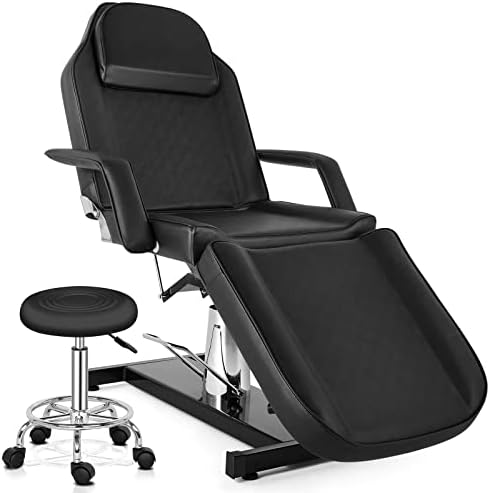 OmySalon Hydraulic Tattoo Chair Esthetician Bed w/Stool, Multi-Purpose 3-Section Facial Bed Table, Adjustable Beauty Salon Spa Massage Beauty Equipment, Black