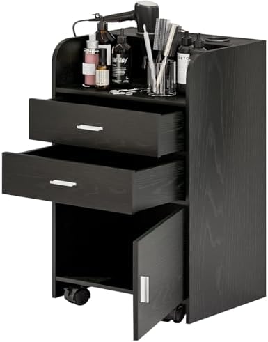 Salon Station for Hair Stylist, Black Salon Station Storage Cabinet on Wheels, Salon Table with 2 Drawers, Stylist Storage Cabinet, Rolling Beauty Station with 2 Hair Dryer Holders