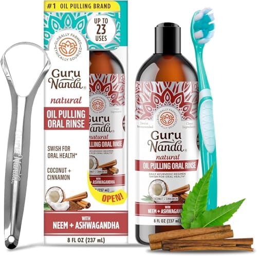 GuruNanda Ashwagandha Oil Pulling with Neem, & Pure Essential Oils (8 Fl Oz) - Ayurveda-Inspired Formula for Daily Oral Care - Alcohol & Fluoride Free