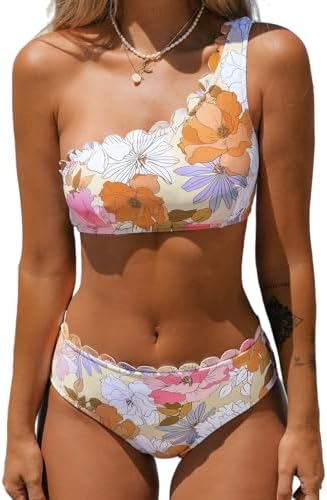 CUPSHE Women's Bikini Sets Two Piece Bathing Suit One Shoulder Mid Rise Scalloped Wide Strap Back Hook